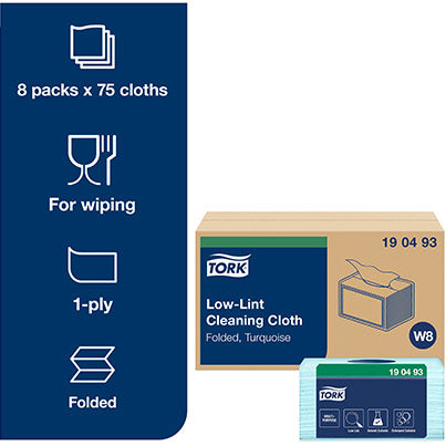 W8 Turquoise Folded Low-Linting Cleaning Cloths Pack (Case of 8)