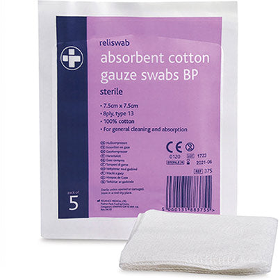 Reliswab BP-Cotton Sterile Gauze Swab 7.5cm x 7.5cm (Pack of 5)
