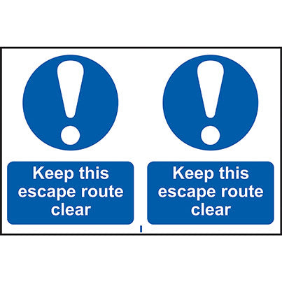 Self-Adhesive PVC "Keep This Escape Route Clear" Sign 300mm x 200mm (Pack of 2)