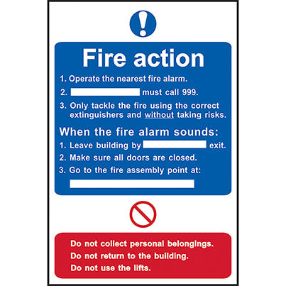 Self-Adhesive PVC Fire Action Procedure Sign 200mm x 300mm