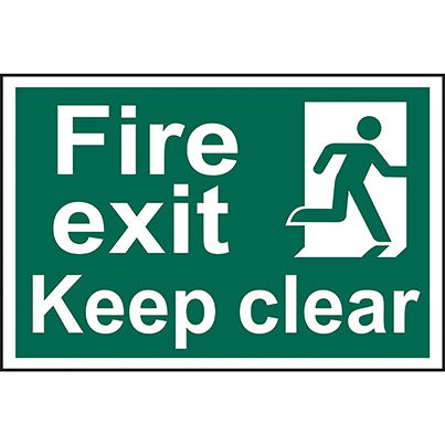 Self-Adhesive PVC "Fire Exit Keep Clear" Right Running Man Sign 300mm x 200mm