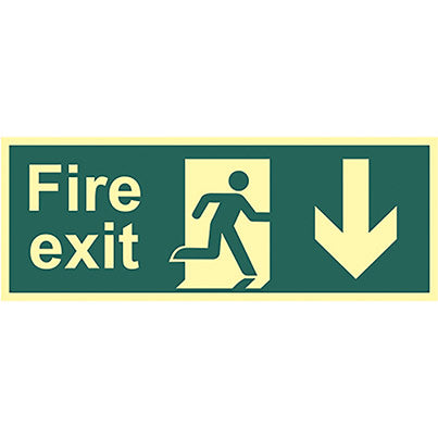 Vinyl Photoluminescent "Fire Exit" Down Arrow/Man Sign 400mm x 150mm