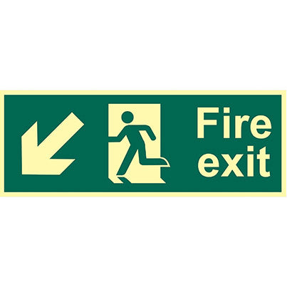Vinyl Photoluminescent Fire Exit Down/Left Arrow/Man Sign 400mm x 150mm