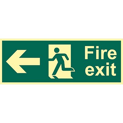 Vinyl Photoluminescent "Fire Exit" Left Arrow/Man Sign 400mm x 150mm