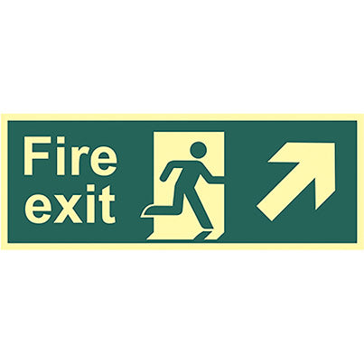 Vinyl Photoluminescent "Fire Exit" Up/Right Arrow Sign 400mm x 150mm
