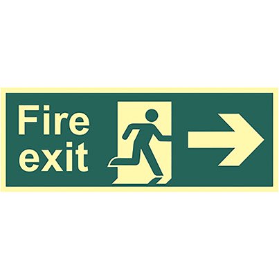 Vinyl Photoluminescent "Fire Exit" Right Man/Arrow Sign 400mm x 150mm