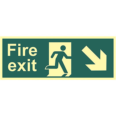 Self-Adhesive Vinyl Photoluminescent "Fire Exit" Down/Right Sign 400mm x 150mm