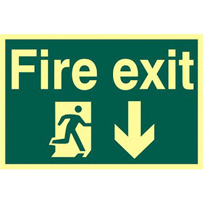 Vinyl Photoluminescent "Fire Exit" Down Arrow/Man Sign 300mm x 200mm