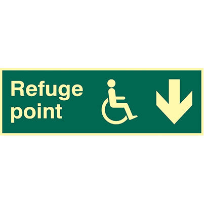 Vinyl Photoluminescent Disabled "Refuge Point" Down Sign 450mm x 150mm