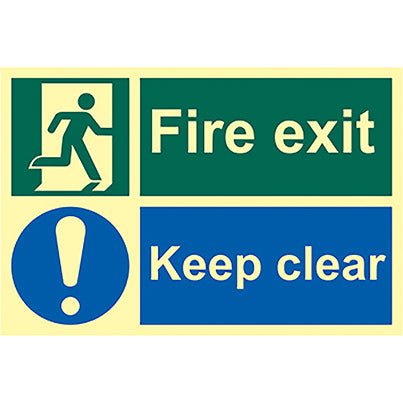 Self-Adhesive PVC Photoluminescent "Fire Exit/Keep Clear" Sign 300mm x 200mm