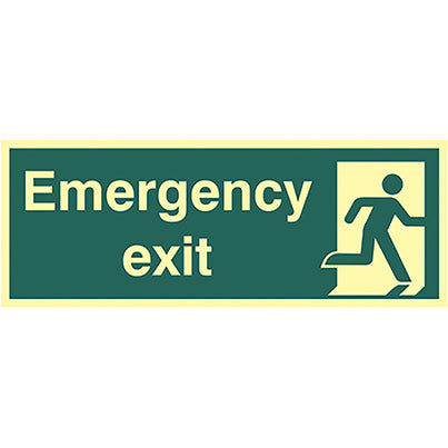 Vinyl Photoluminescent "Emergency Exit" Left Man Sign 400mm x 150mm