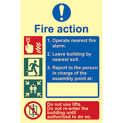 Self-Adhesive Vinyl Photoluminescent Fire Action Information Sign 200mm x 300mm
