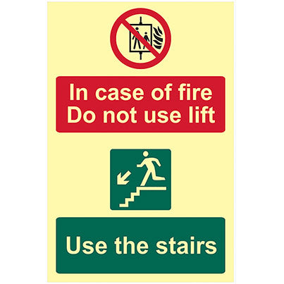 Vinyl Photoluminescent "In Case Of Fire Do Not Use..." Sign 200mm x 300mm