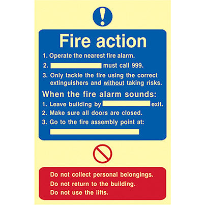 Self-Adhesive Vinyl Photoluminescent Fire Action Procedure Sign 200mm x 300mm