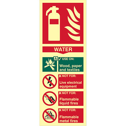 Vinyl Photoluminescent Water Fire Extinguisher Sign 82mm x 202mm