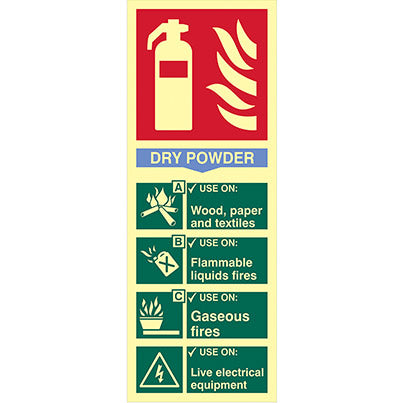 Vinyl Photoluminescent Dry Powder Fire Extinguisher Sign 82mm x 202mm