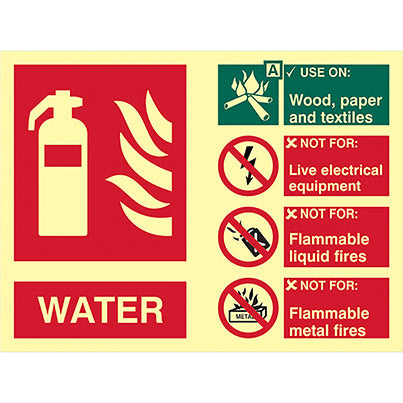 Vinyl Photoluminescent Water Fire Extinguisher Sign 200mm x 150mm