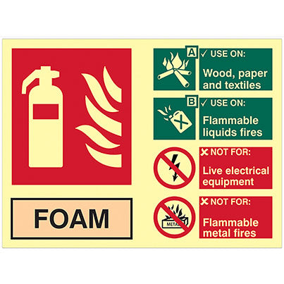 Vinyl Photoluminescent Foam Fire Extinguisher Sign 200mm x 150mm