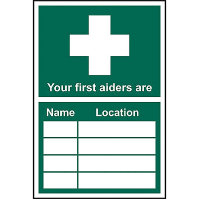 PVC "Your First Aider Is/Name/Location" Sign 200mm x 300mm