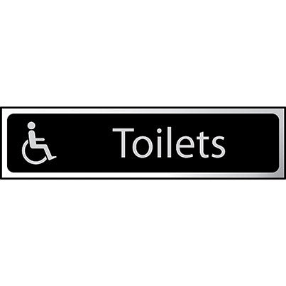 Self-Adhesive Black/Chrome Disabled "Toilets" Sign 200mm x 50mm