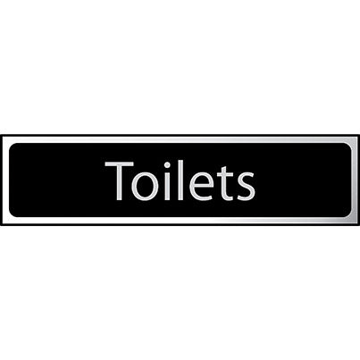 Self-Adhesive Black/Chrome "Toilets" Sign 200mm x 50mm