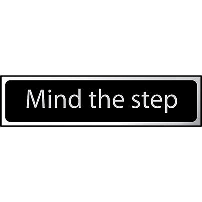Self-Adhesive Black/Chrome "Mind The Step" Sign 200mm x 50mm