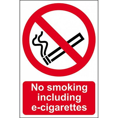 PVC "No Smoking Including E-Cigarettes" Sign 148mm x 210mm